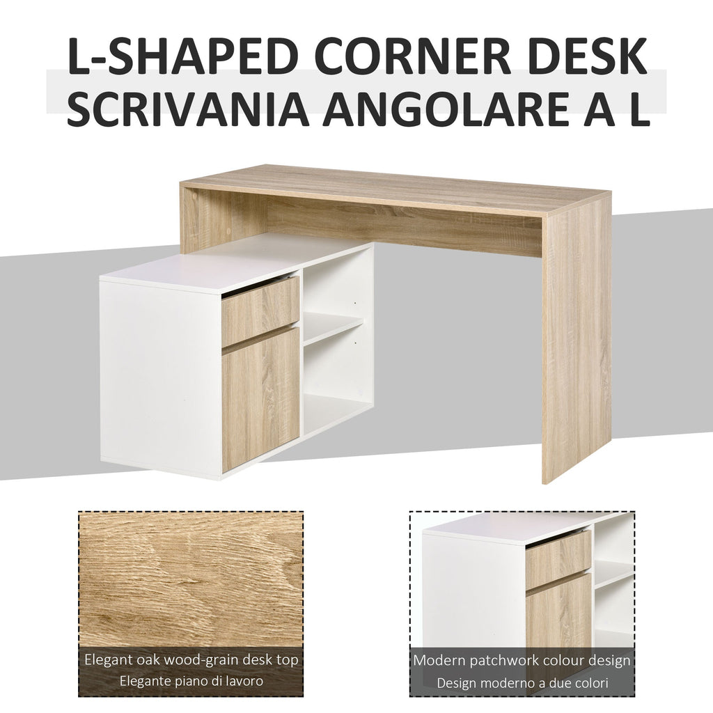 L-Shaped Desk, Corner Computer Desk with Storage Drawer, Adjustable Shelf, Cabinet for Home Office and Study, 120 x 92 x 75cm, Oak and White