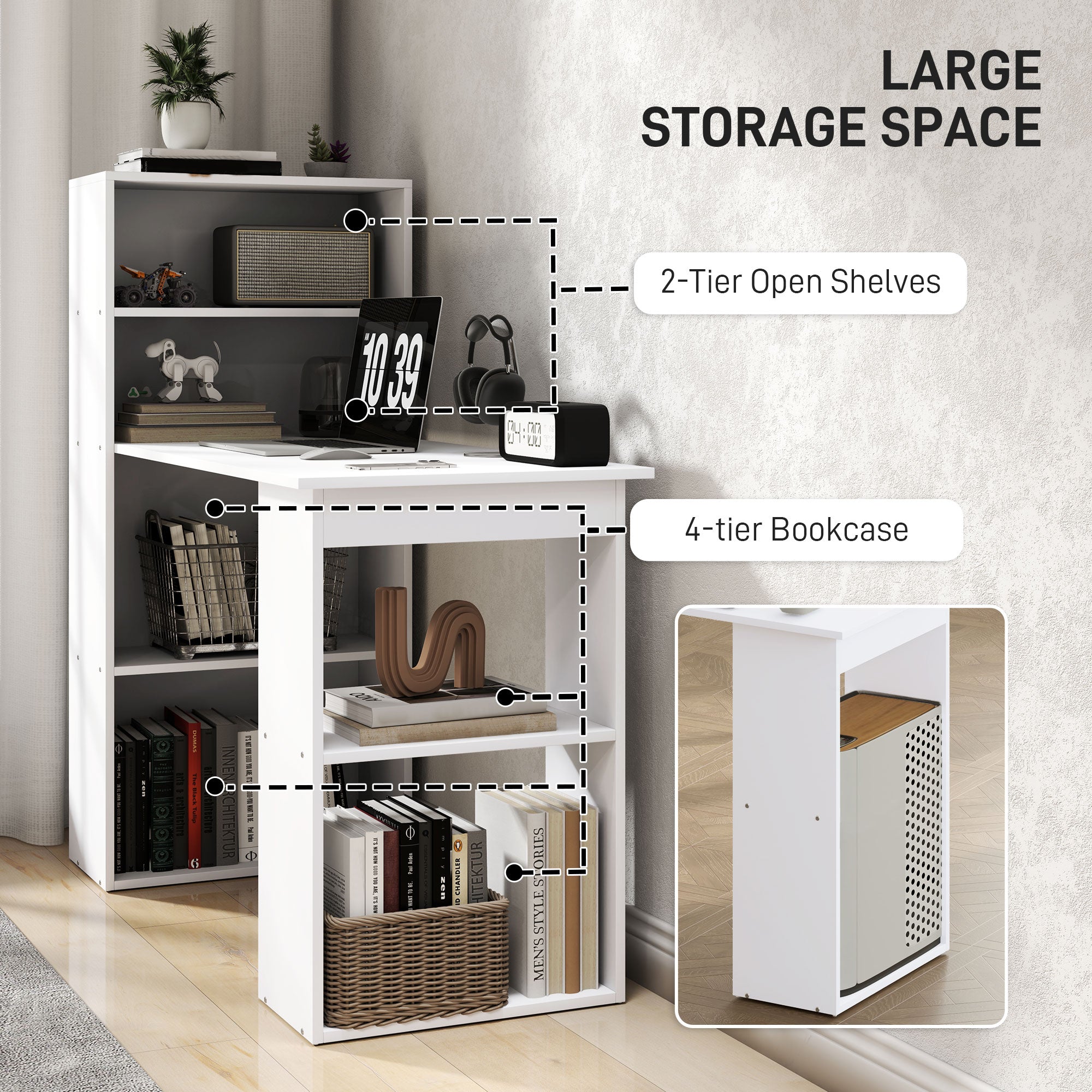 120cm Modern Computer Desk Bookshelf Study Table Workstation PC Laptop Writing Home Office 6 Shelves, White