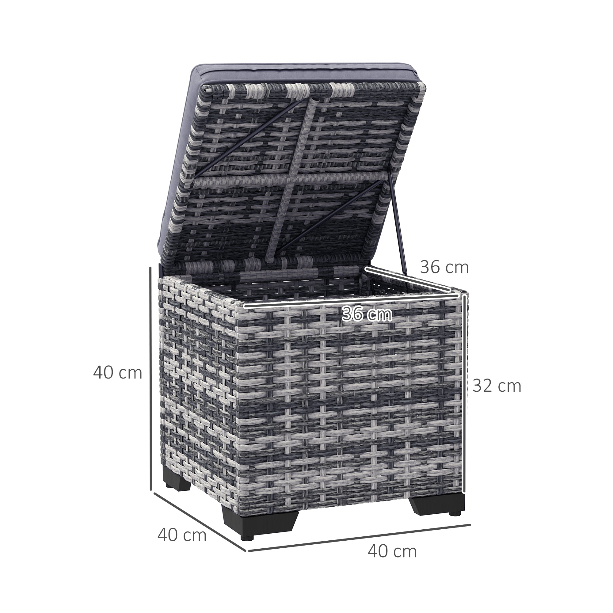 Set of 2 Rattan Storage Ottoman, Outdoor Footstool with Removable Cushions, Dark Grey