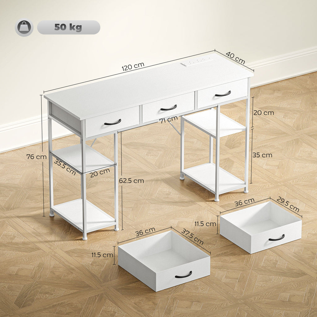 120cm Computer Desk with Power Outlets, Office Desk Study Table with 3 Fabric Drawers and 4 Storage Shelves, White