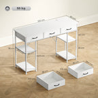 120cm Computer Desk with Power Outlets, Office Desk Study Table with 3 Fabric Drawers and 4 Storage Shelves, White