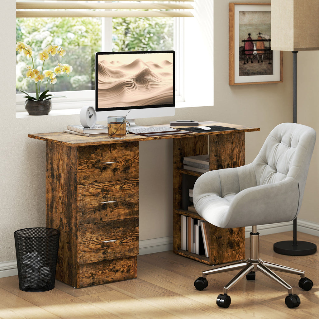 Computer Desk, Writing Table, PC Workstation with 3 Storage Shelves and Drawers, Silver Handle, for Home Office, Rustic Brown Rustic Brown