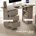 Computer Desk, Writing Table, PC Workstation with 3 Storage Shelves and Drawers, Silver Handle, for Home Office, Grey