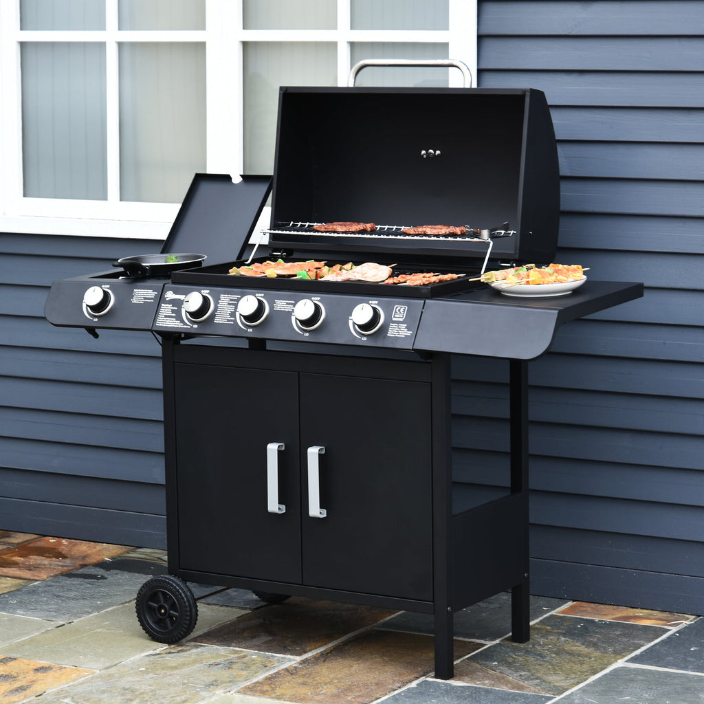 4+1 Burner Gas BBQ Grill, Outdoor Barbecue Trolley with Wheels, Warming Rack, Side Shelves, Cabinet, Thermometer for Garden, Party, Camping, 125 L x 51 W x 100 H cm, Black