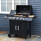 4+1 Burner Gas BBQ Grill, Outdoor Barbecue Trolley with Wheels, Warming Rack, Side Shelves, Cabinet, Thermometer for Garden, Party, Camping, 125 L x 51 W x 100 H cm, Black