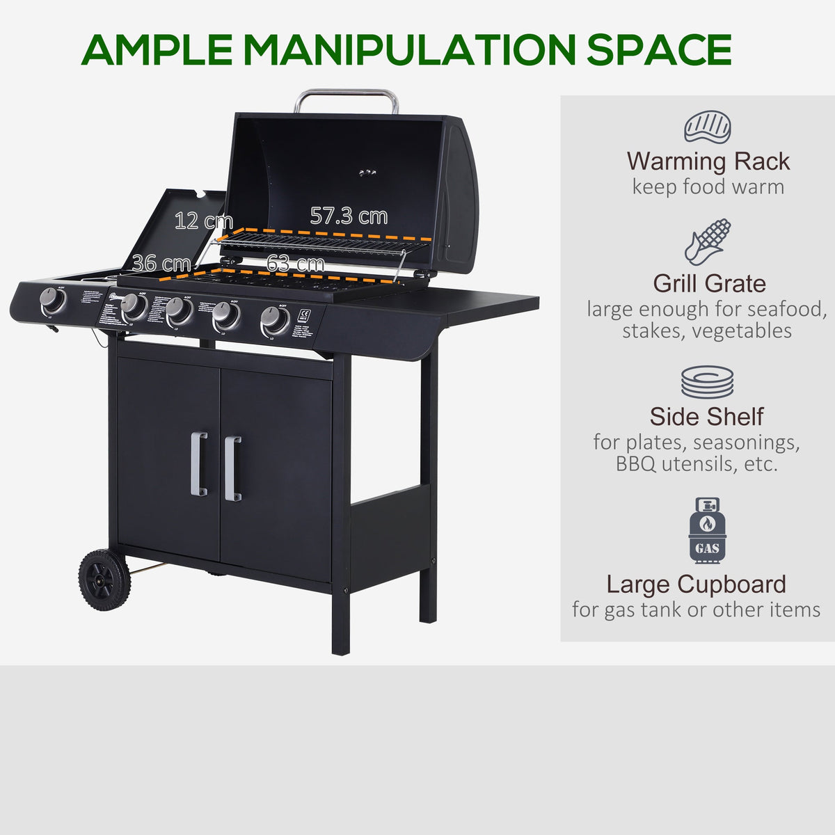4+1 Burner Gas BBQ Grill, Outdoor Barbecue Trolley with Wheels, Warming Rack, Side Shelves, Cabinet, Thermometer for Garden, Party, Camping, 125 L x 51 W x 100 H cm, Black