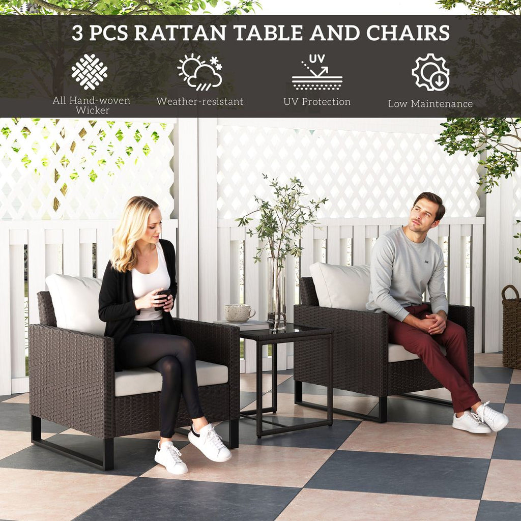 3PCS Rattan Bistro Set Glass Top Table and Chairs with 4 Cushions