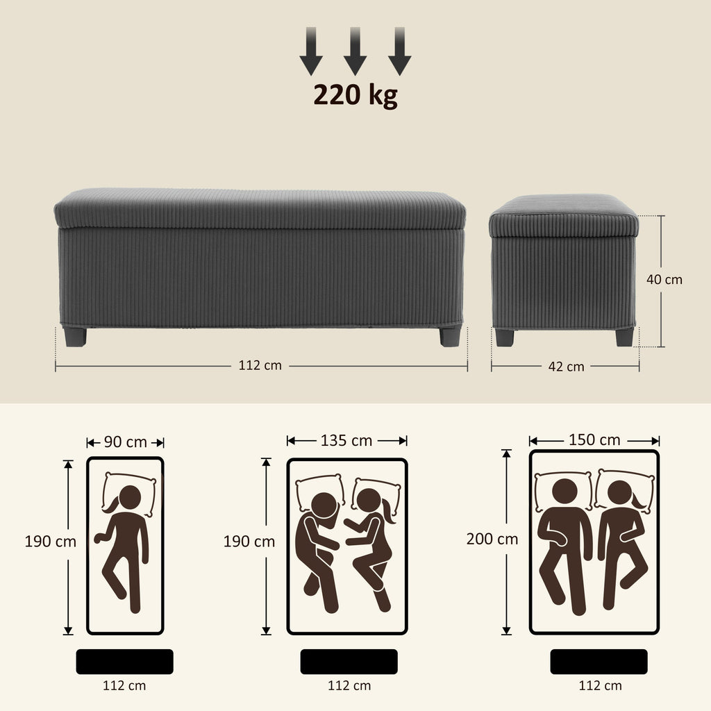 Storage Ottoman Bench, Corduroy Footstool with Removable Lid and Legs, 112cm, Grey