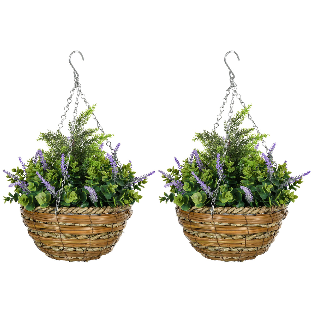 2 PCs Artificial Lisianthus Flower Hanging Planter Basket with Colourful Detail Purple, Green
