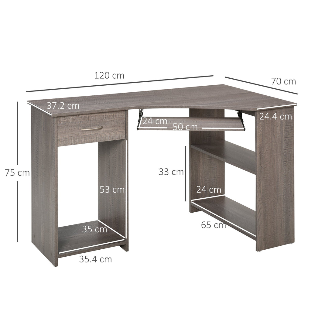 L-Shaped Corner Computer Desk with 2 Shelves, Wide Worktop, Keyboard Tray, Drawer and CPU Stand, Home Office Study Bedroom Furniture, Grey