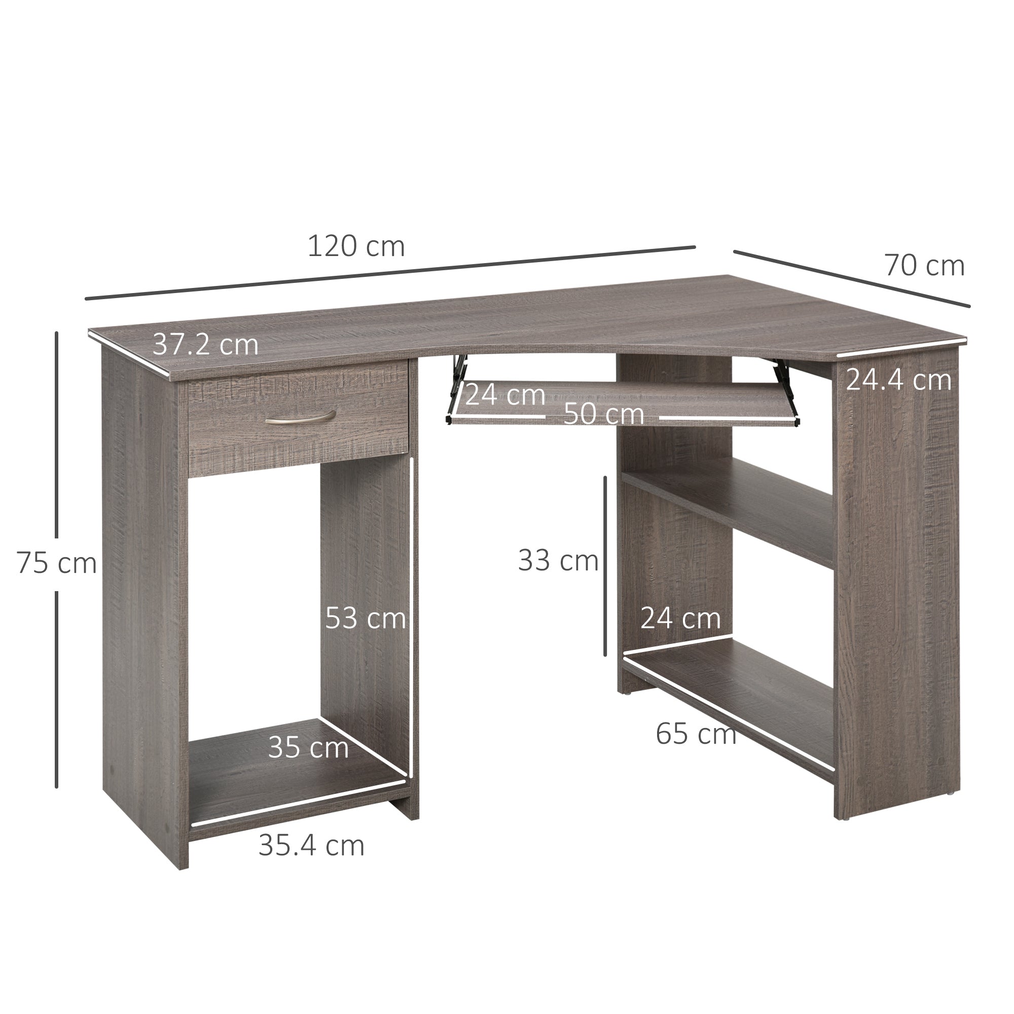 L-Shaped Corner Computer Desk with 2 Shelves, Wide Worktop, Keyboard Tray, Drawer and CPU Stand, Home Office Study Bedroom Furniture, Grey