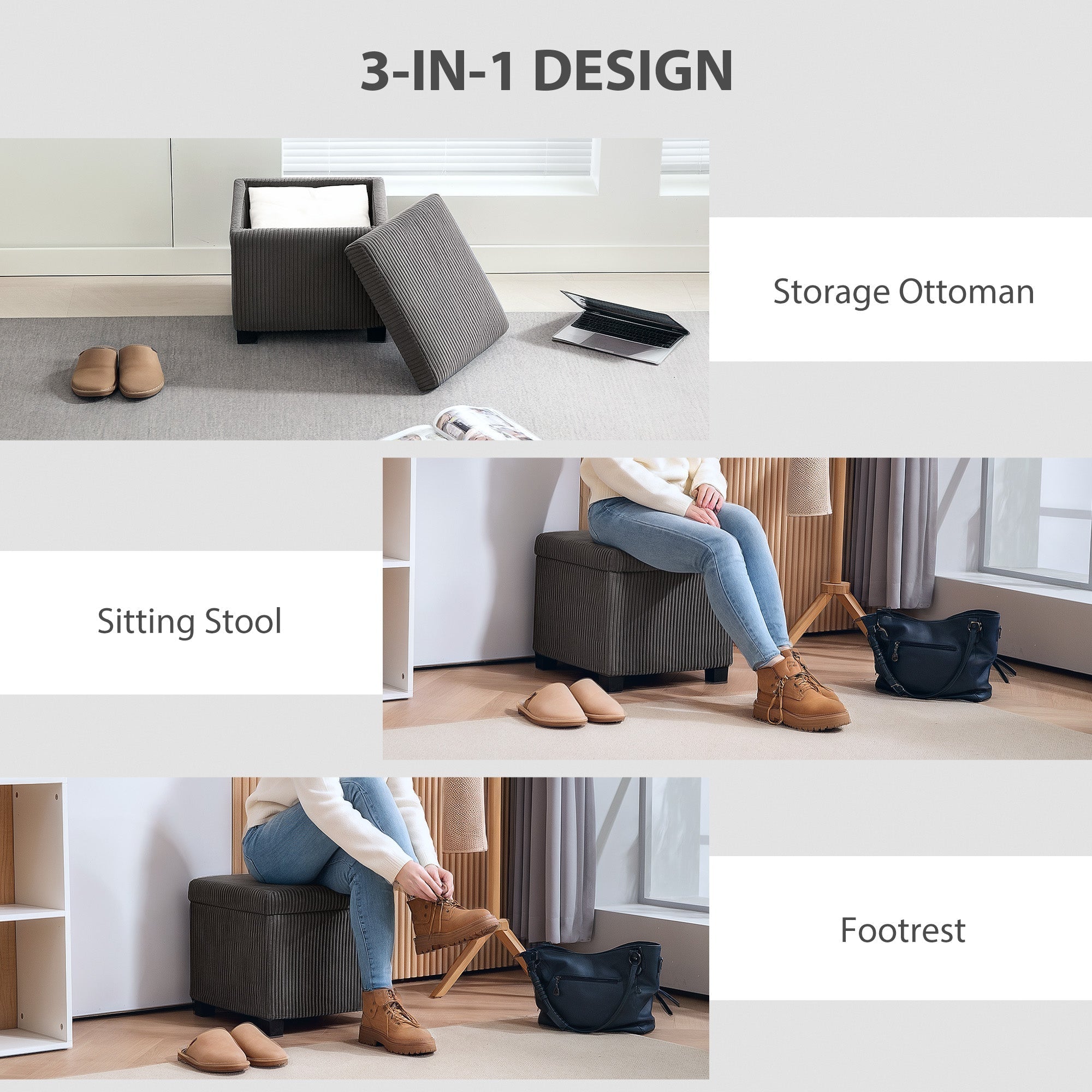 Storage Ottoman Bench, Corduroy Footstool with Removable Lid and Legs, Grey