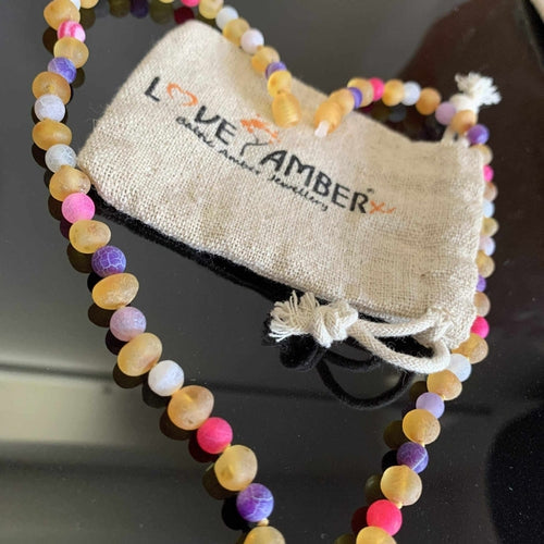 Adult Amelie Honey Baltic Amber Bead Pink Purple Dragon Agate Necklace 50cm Raw Amber Beads (L)