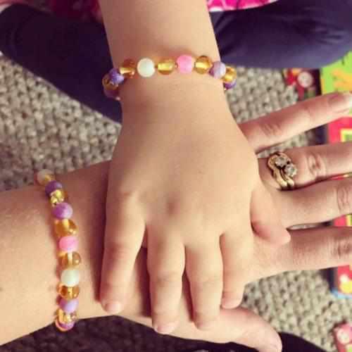 Adult Amelie Honey Baltic Amber Pink Purple Agate Stretch Bracelet