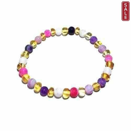 Adult Amelie Honey Baltic Amber Pink Purple Agate Stretch Bracelet