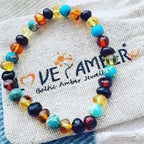 Adult Autumn Rain Jasper Rainbow Mixed Baltic Amber Stretch Bracelet