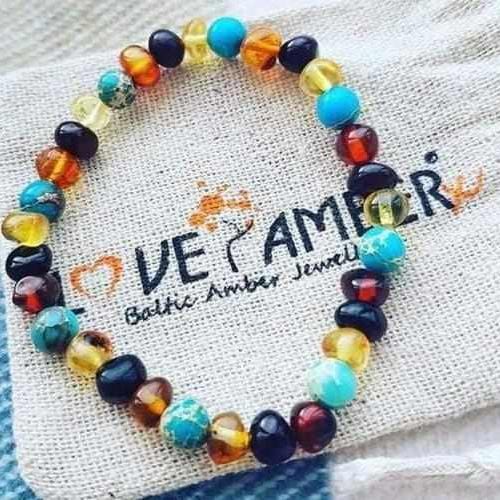 Adult Autumn Rain Jasper Rainbow Mixed Baltic Amber Stretch Bracelet