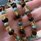 Adult Autumn Rain Jasper Rainbow Mixed Baltic Amber Stretch Bracelet