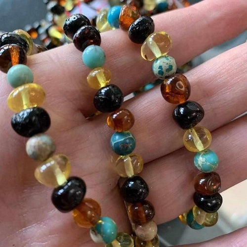 Adult Autumn Rain Jasper Rainbow Mixed Baltic Amber Stretch Bracelet