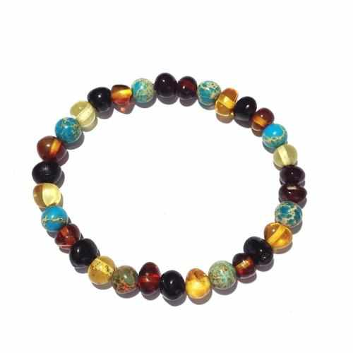 Adult Autumn Rain Jasper Rainbow Mixed Baltic Amber Stretch Bracelet