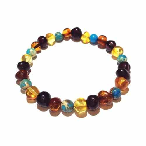Adult Autumn Rain Jasper Rainbow Mixed Baltic Amber Stretch Bracelet