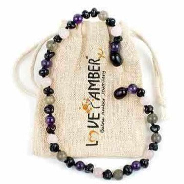 Adult Gaia Amethyst Rose Quartz Labradorite Baltic Amber Anklet