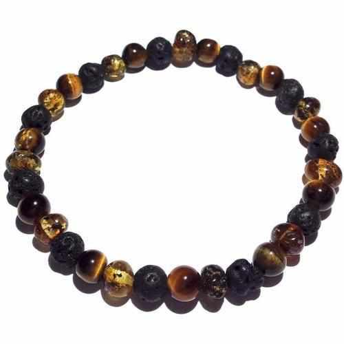 Adult Glam Rock Baltic Amber Tigers Eye Lava Volcanic Stone Stretch Bracelet