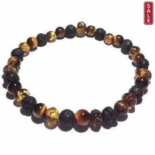 Adult Glam Rock Baltic Amber Tigers Eye Lava Volcanic Stone Stretch Bracelet