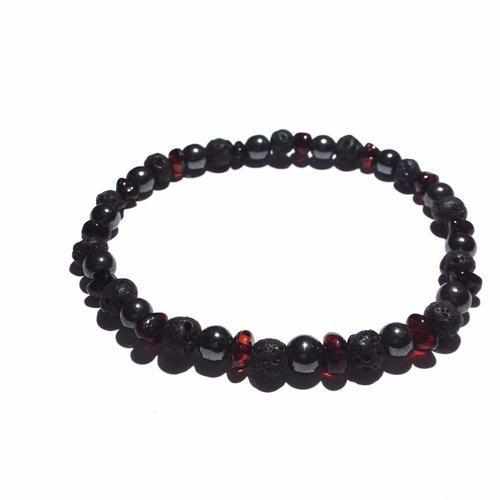 Adult Gothic Rock Baltic Amber Hematite Lava Volcanic Rock Stretch Bracelet