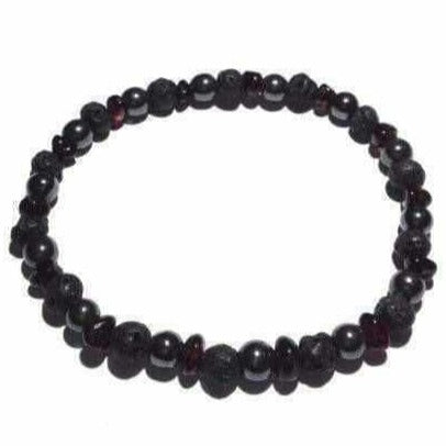 Adult Gothic Rock Baltic Amber Hematite Lava Volcanic Rock Stretch Bracelet