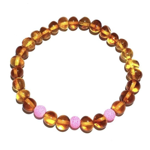 Adult Honeysuckle Polished Honey Baltic Amber Pink Agate Stretch Bracelet