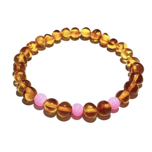 Adult Honeysuckle Polished Honey Baltic Amber Pink Agate Stretch Bracelet