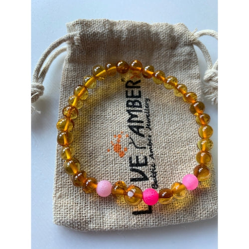 Adult Honeysuckle Polished Honey Baltic Amber Pink Agate Stretch Bracelet