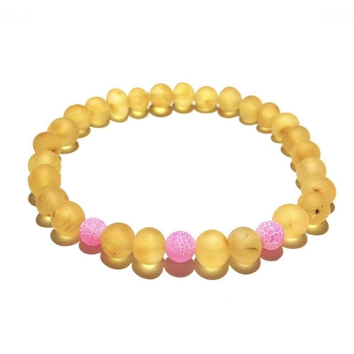 Adult Nurture Raw Honey Baltic Amber Bead Pink Agate Stretch Bracelet
