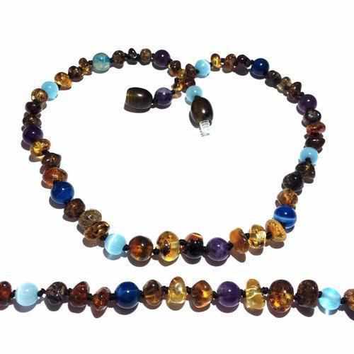 Adult Ocean Green Baltic Amber Amethyst Blue Cats Eyes Calming Anklet