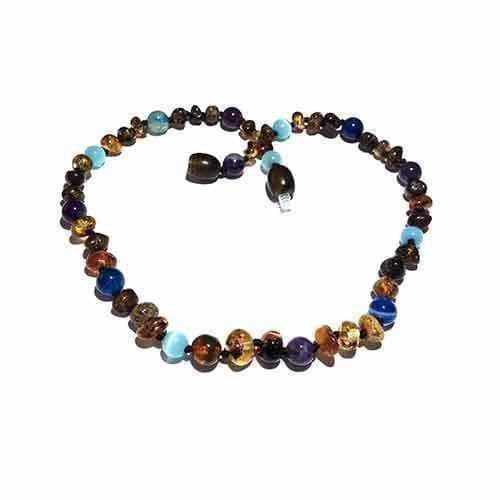 Adult Ocean Green Baltic Amber Amethyst Blue Cats Eyes Necklace