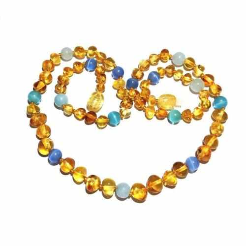 Adult Paradise Baltic Amber Blue Cats Eyes Aquamarine Gemstone Necklace