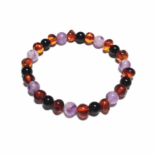 Adult Serenity Cognac Baltic Amber Amethyst Shungite Beads Stretch Bracelet