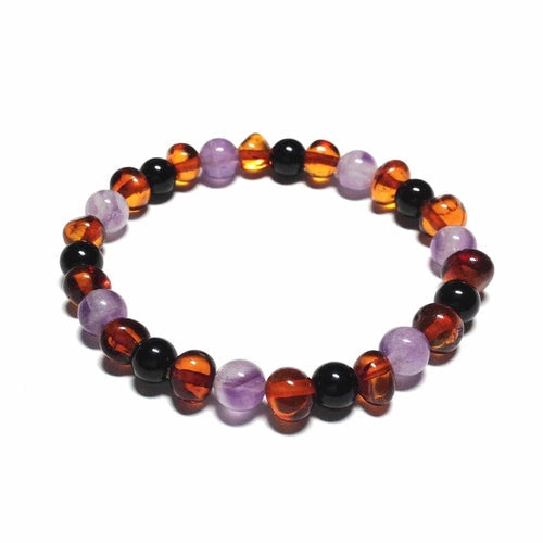 Adult Serenity Cognac Baltic Amber Amethyst Shungite Beads Stretch Bracelet