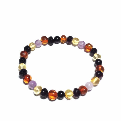 Adult Shanti Mixed Polished Baltic Amber Amethyst Shungite Beads Stretch Bracelet