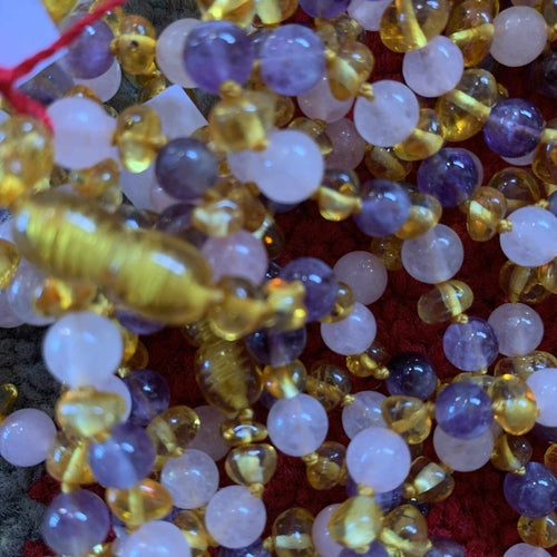 Adult Tara Honey Baltic Amber Amethyst Purple Rose Quartz Anklet