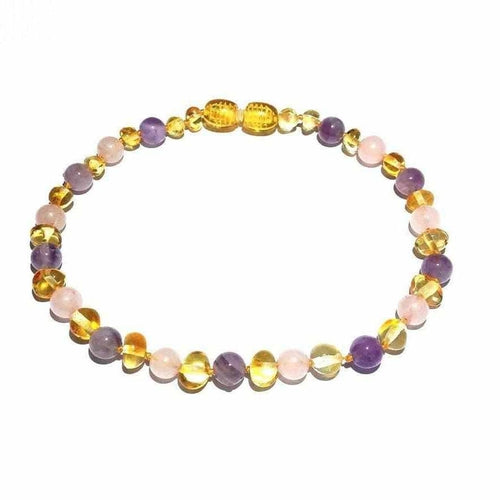 Adult Tara Honey Baltic Amber Amethyst Purple Rose Quartz Anklet