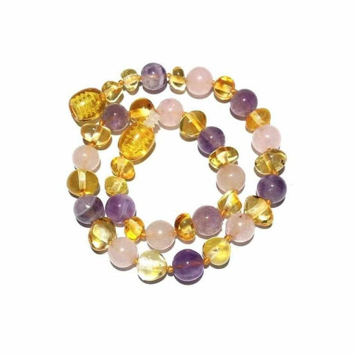 Adult Tara Honey Baltic Amber Amethyst Purple Rose Quartz Anklet