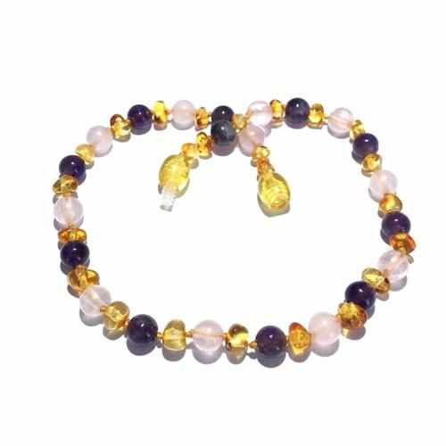 Adult Tara Honey Baltic Amber Amethyst Purple Rose Quartz Anklet