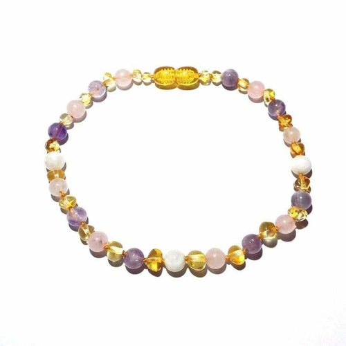 Adult Tara Moon Baltic Amber Moonstone Amethyst Rose Quartz Anklet