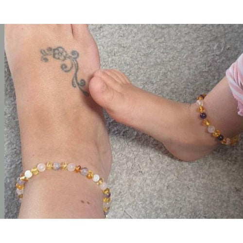 Adult Tara Moon Baltic Amber Moonstone Amethyst Rose Quartz Anklet