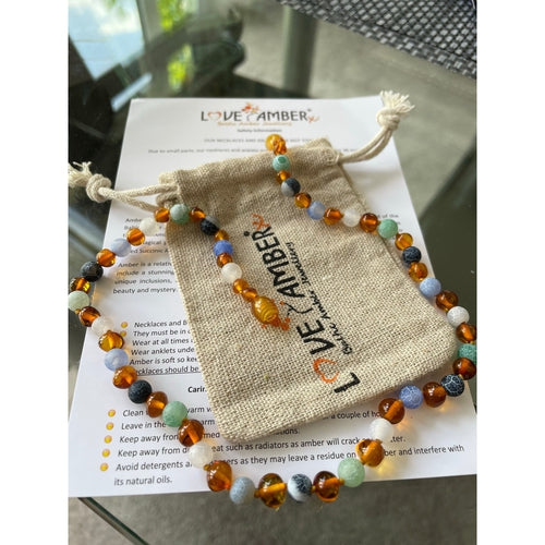 Boy Girl Atlantis Blue White Agate Honey Baltic Amber Necklace