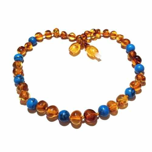 Boys Girls Apollo Polished Honey Baltic Amber Blue Green Turquoise Howlite Necklace
