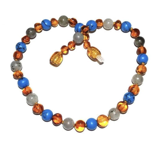 Boys Girls Shoreline Polished Honey Baltic Amber Blue Howlite Labradorite Calming Necklace