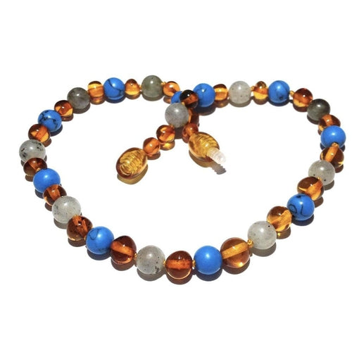 Boys Girls Shoreline Polished Honey Baltic Amber Blue Howlite Labradorite Calming Necklace